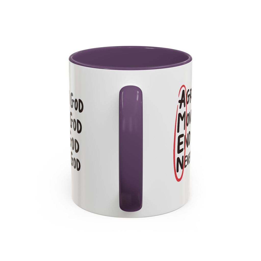 Amen Coffee Mug – Christian Faith Mug with 'Agree, Move, End, Never Doubt God' Design