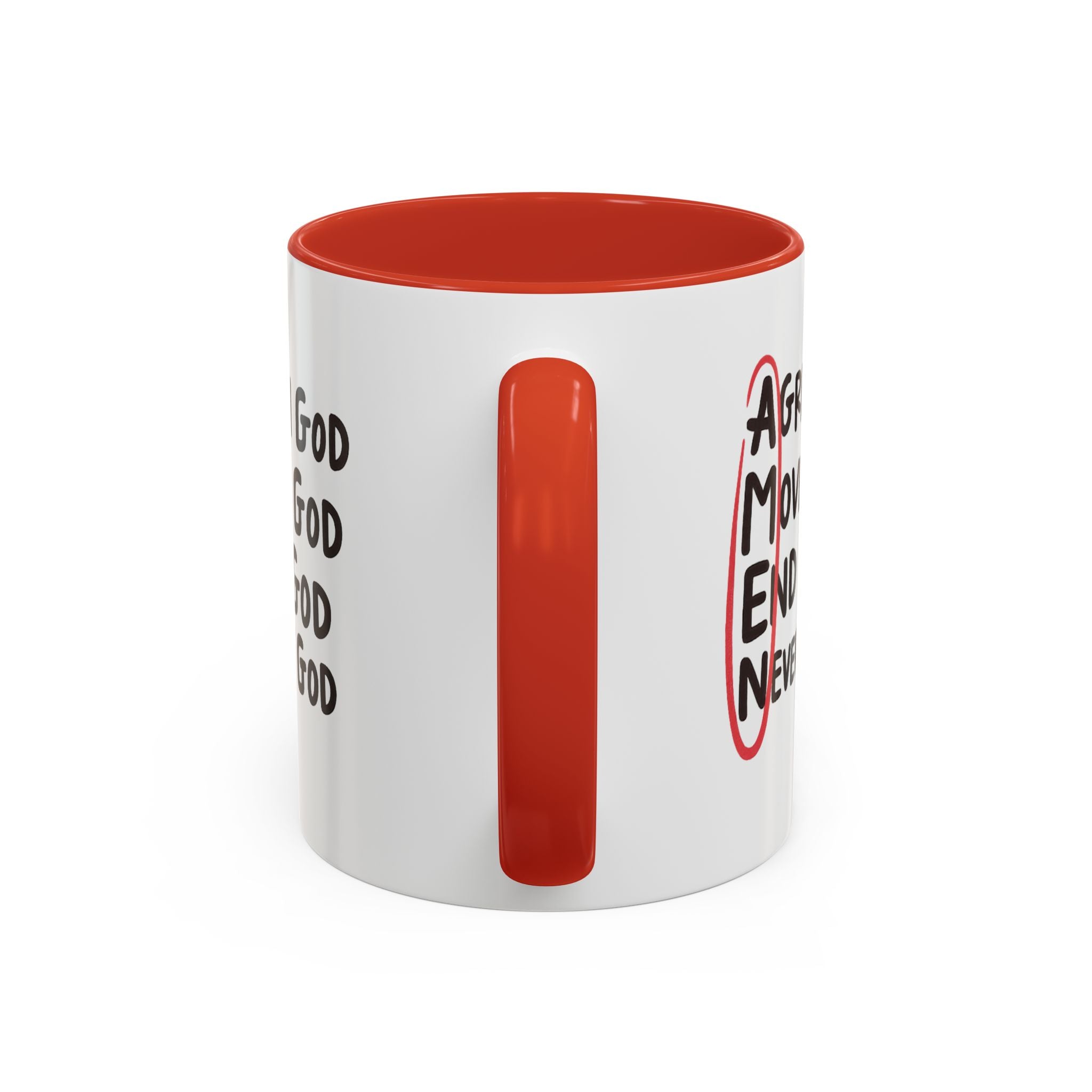 Amen Coffee Mug – Christian Faith Mug with 'Agree, Move, End, Never Doubt God' Design