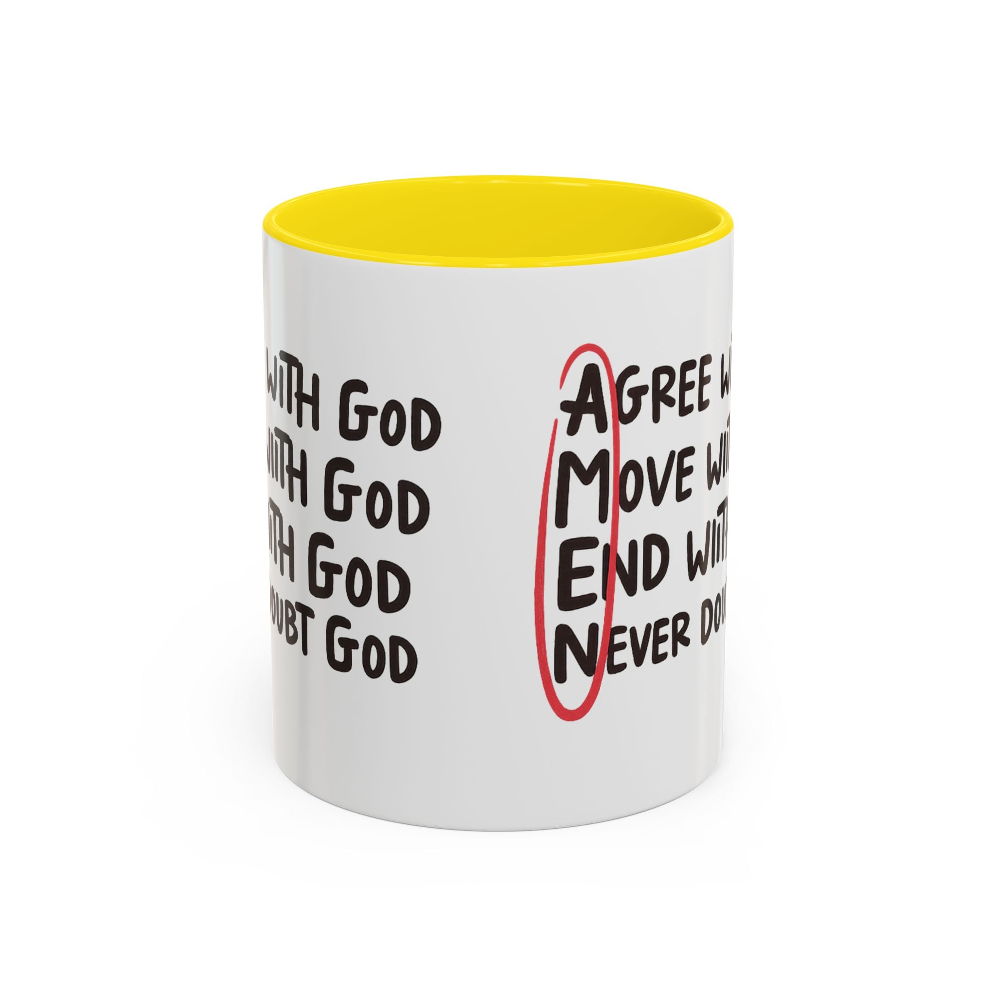 Amen Coffee Mug – Christian Faith Mug with 'Agree, Move, End, Never Doubt God' Design