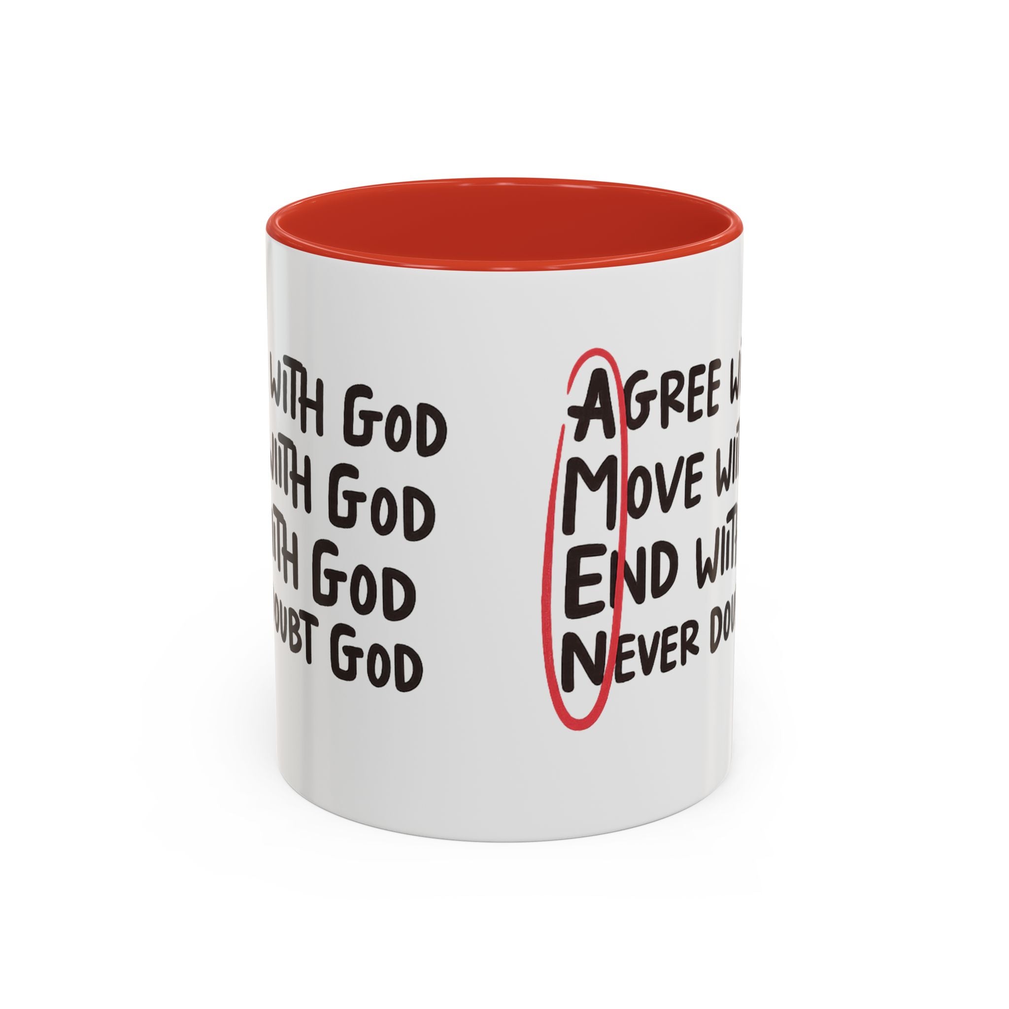 Amen Coffee Mug – Christian Faith Mug with 'Agree, Move, End, Never Doubt God' Design