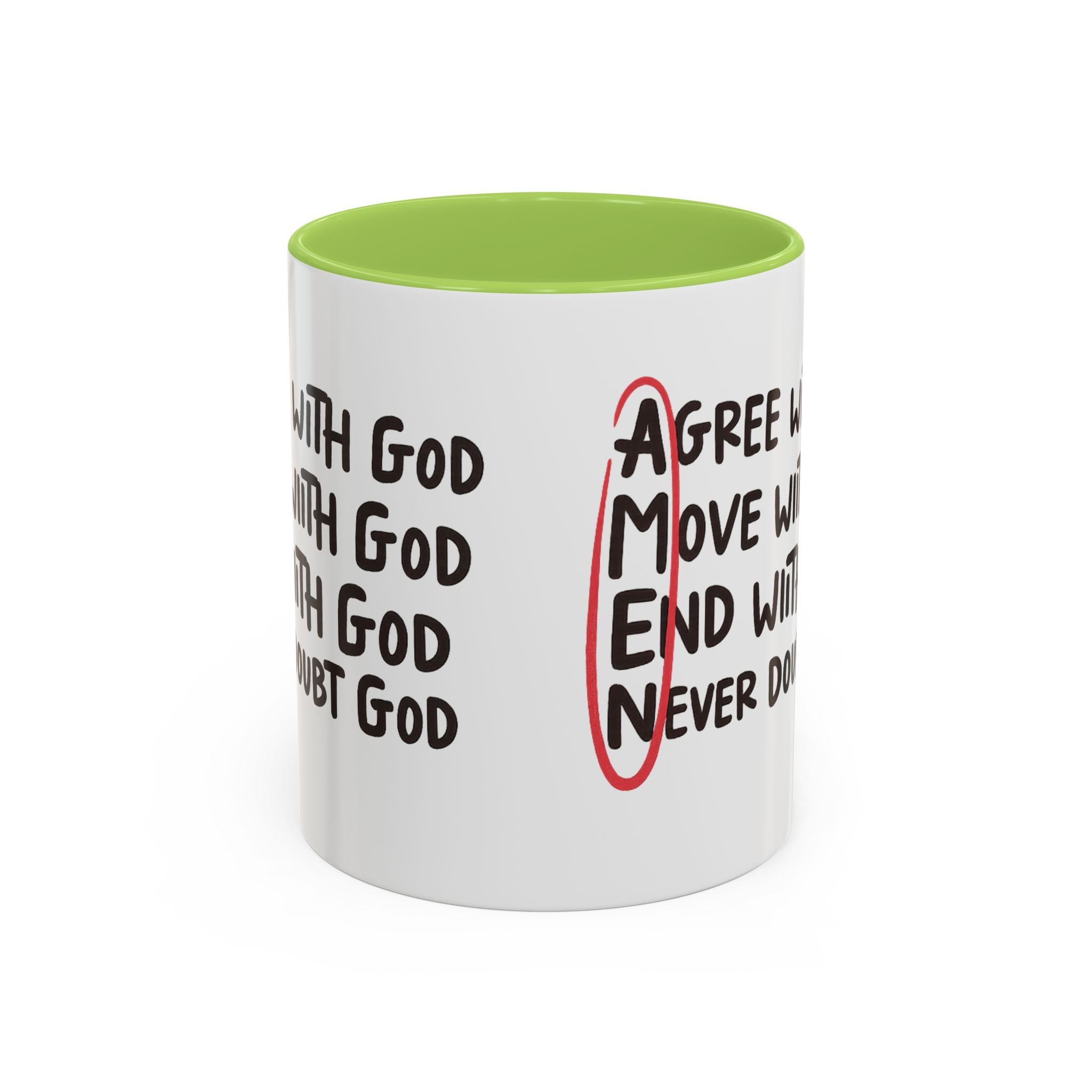 Amen Coffee Mug – Christian Faith Mug with 'Agree, Move, End, Never Doubt God' Design